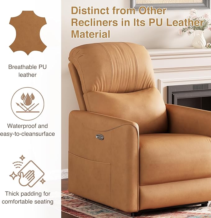Power Recliner Chair Reclining Chair PU Leather Small Recliners for Small Spaces Infinite Position Electric Recliner Chairs for Adults Electric Recliners with USB Port &amp Side Pocket Brown