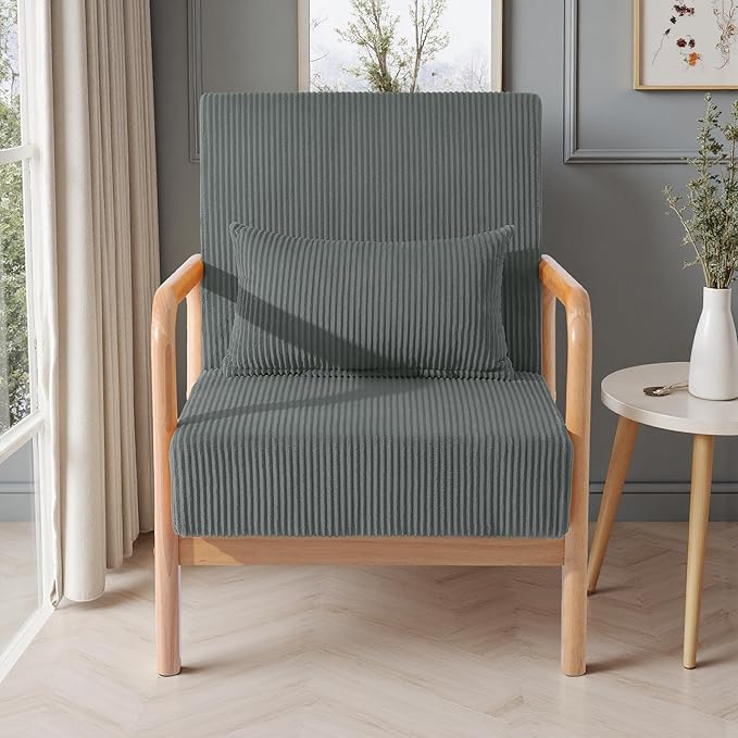 UIXE Accent Chairs Set of 2 Corduroy Upholstered Armchair for Living Room Modern Arm Chair Comfy Single Sofa Bedroom Reading Seat with Lumbar Pillow - Gray