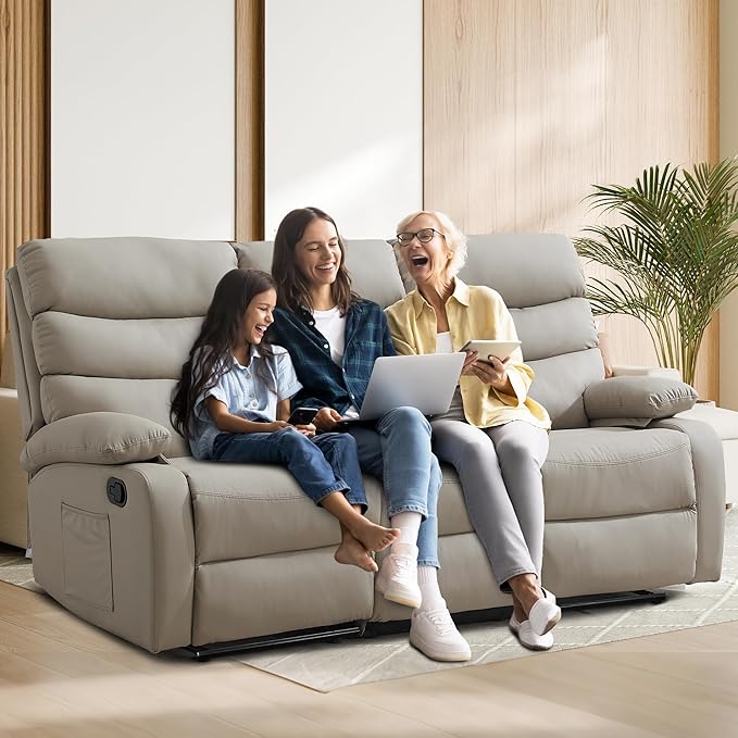 Loveseat Recliner Sofa Set Small Leather Couch 3-Seater Manual Seater Reclining Triple Recliner Chair for Living Room RV Home Theater Seating(Beige 3 Seater Sofa)