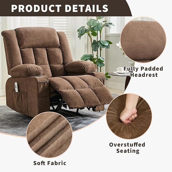 TrailBlaze Massage Heat Recliner Chair Lounge Chair with Extra Large Footrest High Back Comfortable Deep Seat Rocker Chairs for Adults Side Pockets &amp Cup Holder Living Room Single Sofa Brown