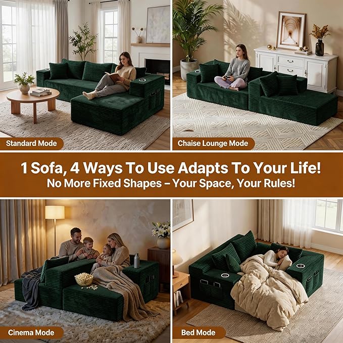 Realbear 108 Cloud Sectional Couch Sofa with L-Shape Chaise Modular Sectional Couch with Deep Seat for Living Room Bedroom No Assembly Required (Green 108 Left Facing Chaise)