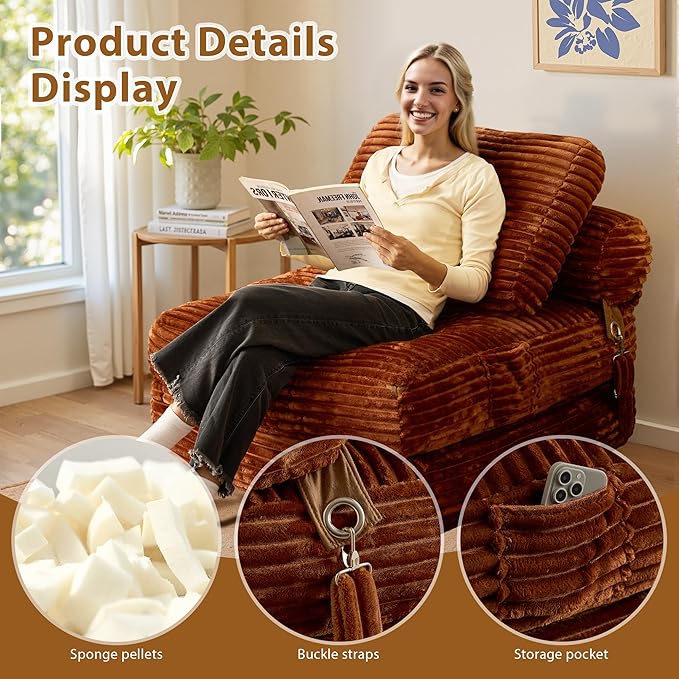 75'' Foldable Sofa Bed Convertible Sleeper Sofa with Pillow Boneless Corduroy Foldable Couch Bed Single Sleeper Chair for Small Spaces Living Room Bedroom StudioBrown
