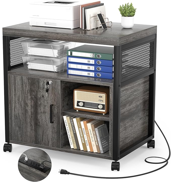 Unikito Rolling File Cabinet Lateral Office Filing Cabinets with Socket and USB Charging Port Modern Printer Stand on Wheels Printer Cabinet with Door and Open Storage Lockable Black Oak