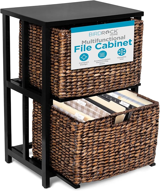 BIRDROCK HOME 2 Tiered File Cubby w/Wood Top - File Cabinet Home Office Storage Nightstand Decorative Wooden Organizer | Desk Modern Table Shelves Side Table Craft Furniture - Brown Wash