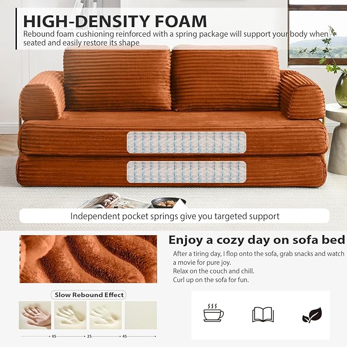 Convertible Folding Sofa Bed Modern Futon Sleeper Sofa Fold Out Couch Bed with Gold Fixed Frame Modular Floor Sofas Comfy Corduroy Boneless Couches for Living Room (80 Orange)