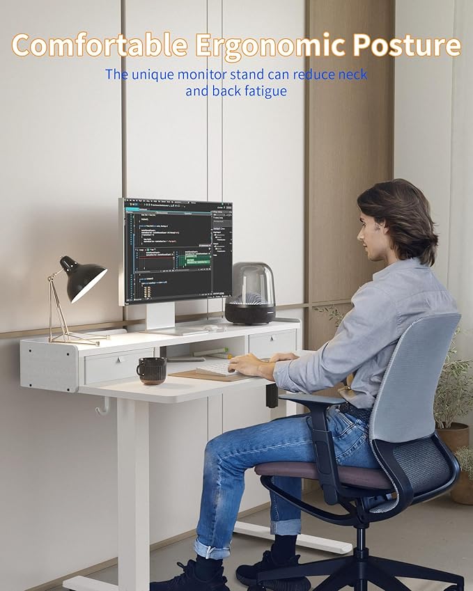 YIHAYO Electric Standing Desk with Drawers 60 x 24 Inches Adjustable Desk with Storage Shelf Computer Table with Splice Board for Home OfficeWhite Frame/White Top