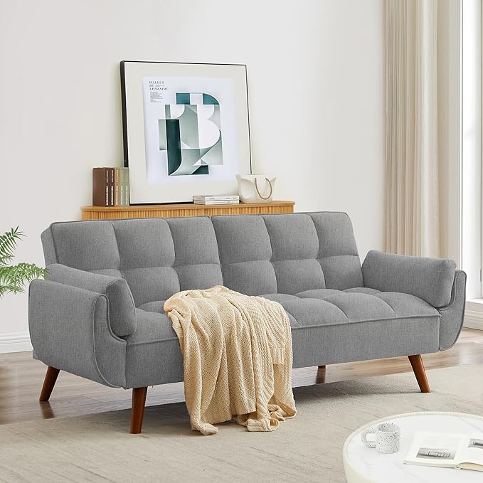 Convertible Futon Sofa Bed Linen Sleeper Couch 75 W Modern 3 Seater Tufted Sofa with Adjustable Backrests and Solid Wood Legs for Living Room Bedroom Small Space Gray