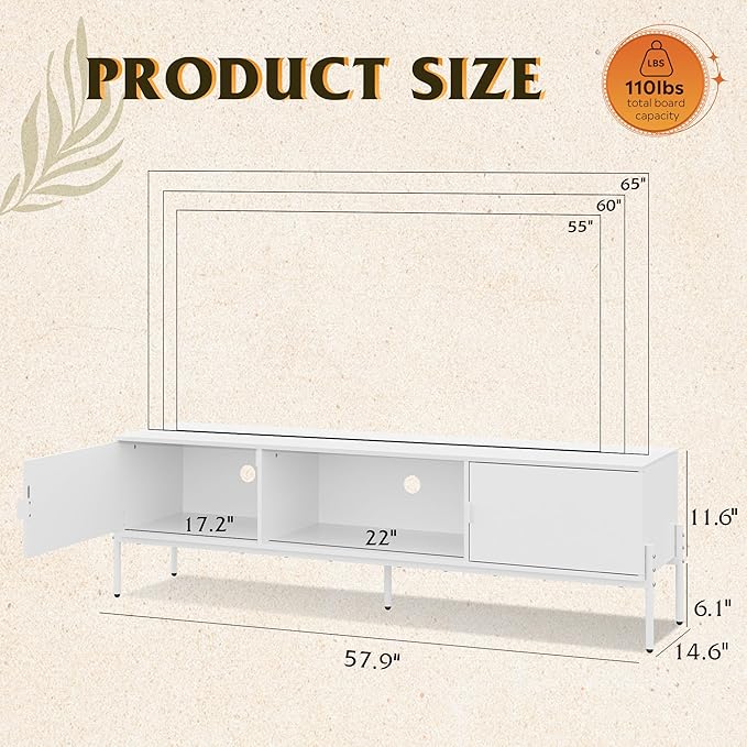WLIVE TV Stand for 65 Inch TV Mid Century Modern Entainment Center with 2 Storage Cabinets &amp Open Shelf TV Console Table Media with Metal Legs for Living Room Bedroom White