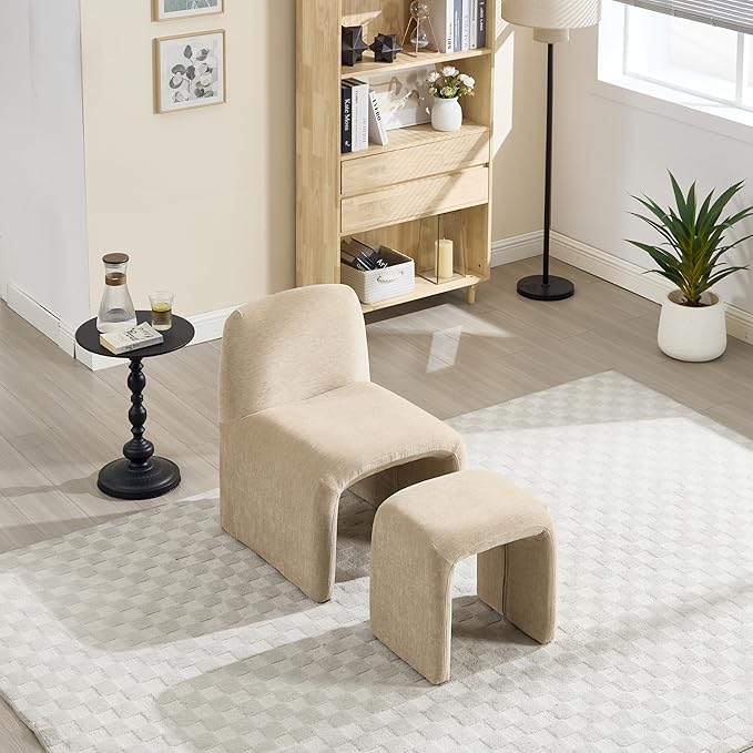 Accent Reading Chair with Ottoman Chenille Upholstered Comfy Armless Accent Chair with Footrest Modern Side Lounger for Living Room Bedroom Khaki