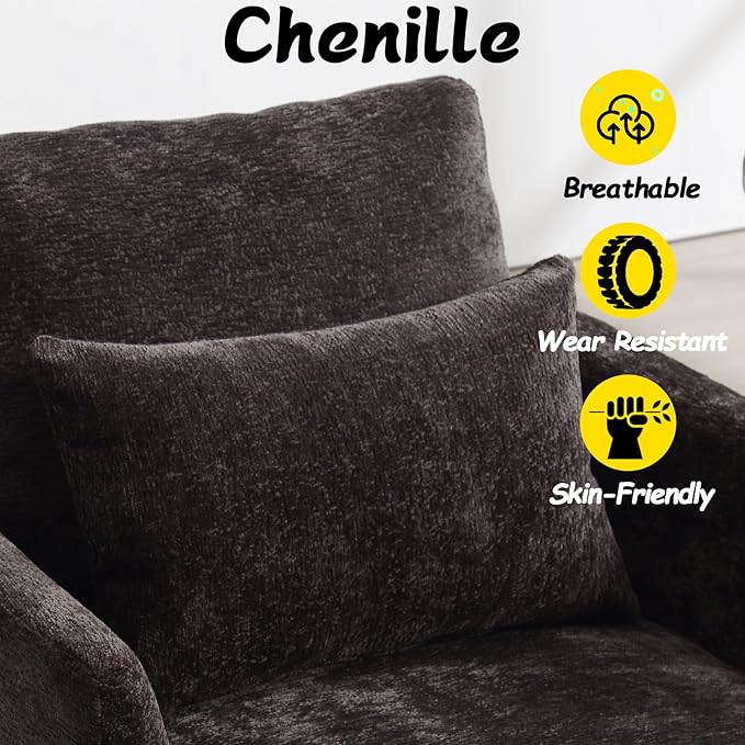 Oversized Accent Chair with Lumbar Pillow Upholstered Side Chairs for Living Room Bedroom Comfy Reading Chairs for Adults with Wide Seat Thick Cushion Soft Chenille (Black)