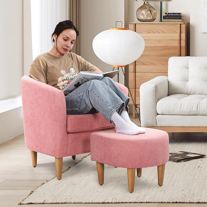 Athena Collection Modern Accent Chair with Ottoman Linen Barrel Sofa Chair Comfy Upholstered Armchair Reading Chair with Thickened Seat Cushion for Bedroom Living Room Pink