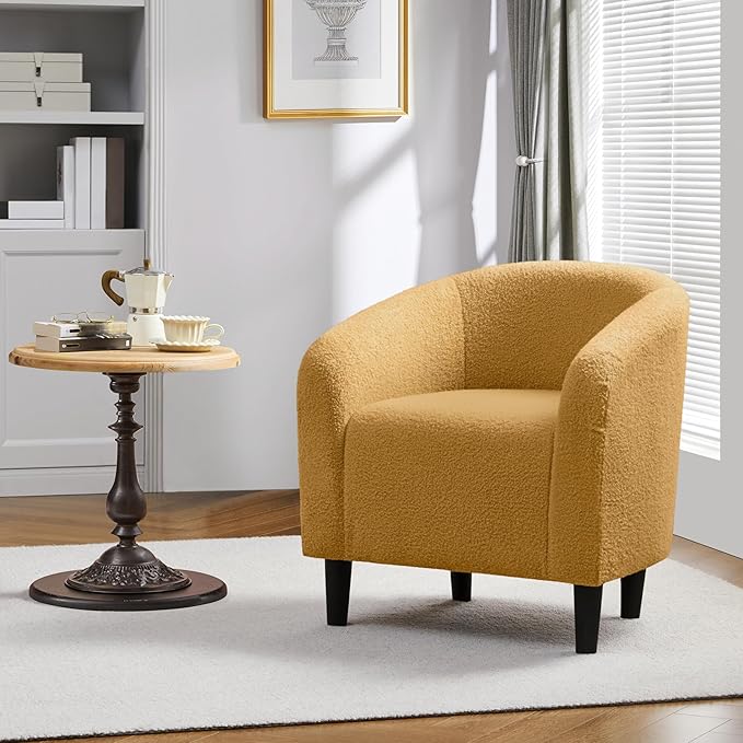 Yaheetech Accent Barrel Chair Boucle Fabric Club Chair Furry Sherpa Elegant and Cozy Soft Padded Armchair for Living Room Bedroom Reception Room Office Mustard Yellow