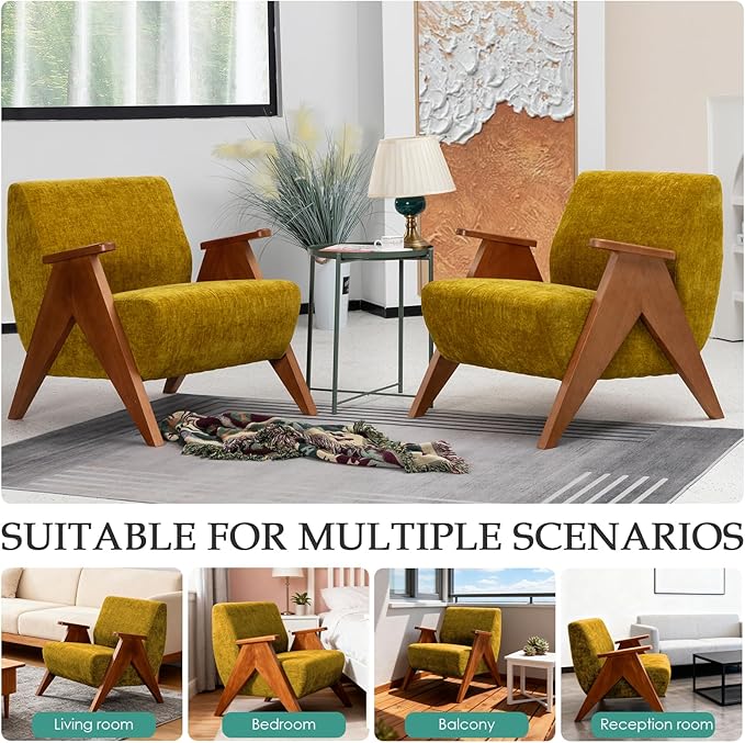 2 Pcs Home Accent Chair Mid Century Modern Accent Chair with Wood Frame Lounge Upholstered Armchair Reading Chair Sturdy BaseFor Living Room BedroomOfficeComfy Guest Waiting Room ChairsYellow