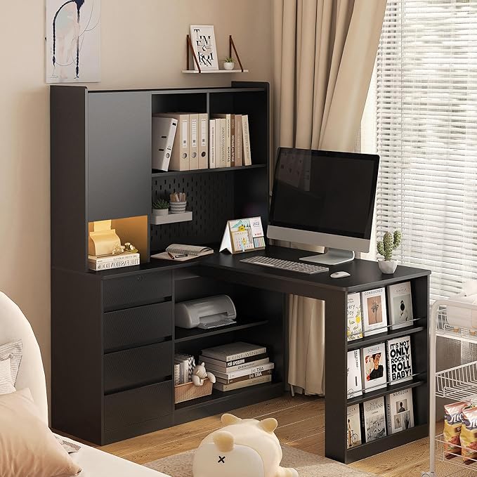 Farmhouse L Shaped Executive Desk with Hutch Wood Home Office Desk with Pegboard Bookshelf &amp Storage Shelves Corner Gaming Desk with LED Light Black