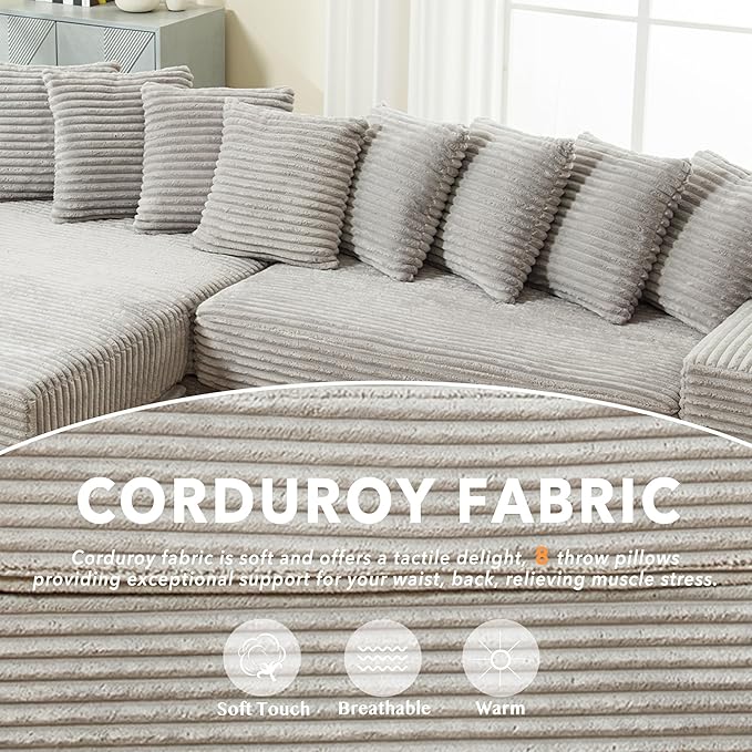 111'' Modern Sectional Sofa L-Shaped Corduroy Couch with Left Chaise Daybed Extra-Wide Oversized Lounge 8 Pillows Corner Sofa Set for Living Room Apartment Office Hotel Bedroom Grey