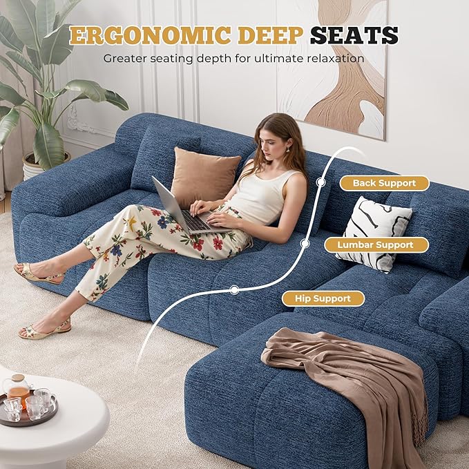 122 Modern L Shaped Modular Sectional Sofa Boneless Couches for Living Room with Ottoman4 Seater Convertible Chenille Cloud Couch Sofa Set No Assembly Required Blue 1 PCS