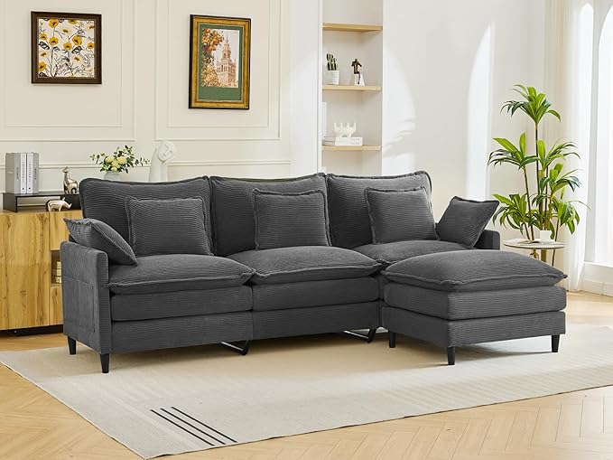 DRMBOOK 110.6'' L Shaped Modular Sectional Cloud Couch Cozy Upholstered 3 Seater Sofa Modern Deep Seat Modular Sofa Couches with Ottoman for Living Room (Corduroy Grey 3 Seat+1 Ottoman)