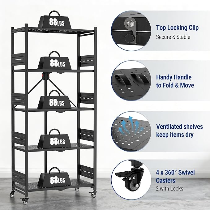 WORKPRO 5-Tier Folding Shelf No-Assembly Metal Storage Rack with Wheels 750 lbs Capacity (with Leveling Feet) Collapsible Shelving Unit for Kitchen Pantry Bathroom &amp Closet Organization