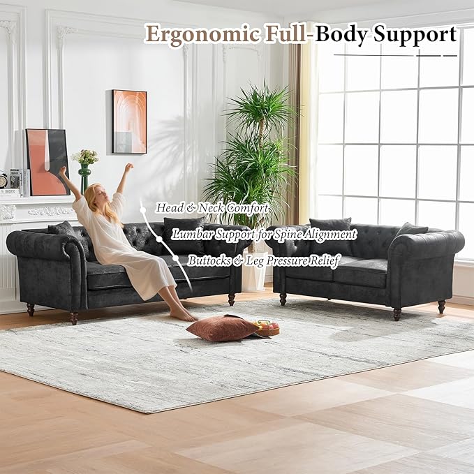 TTK Chesterfield Faux Leather Fabric Sofa Set 2-Seater Loveseat + 3-Seater Couch Combo Upholstered Tufted Rolled Arm Mid Century Modern Sofa Set for Living Room Office Apartment Black