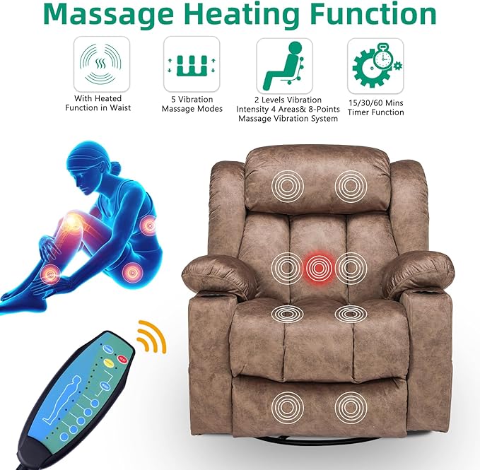 VIVIJASON Manual Swivel Rocking Glider Recliner Chair with Heat &amp Vibration Massage 360° Swivel Overstuffed Reclining Chair with 2 Cup Holders Side Pockets &amp USB Ports for Living Room Plush