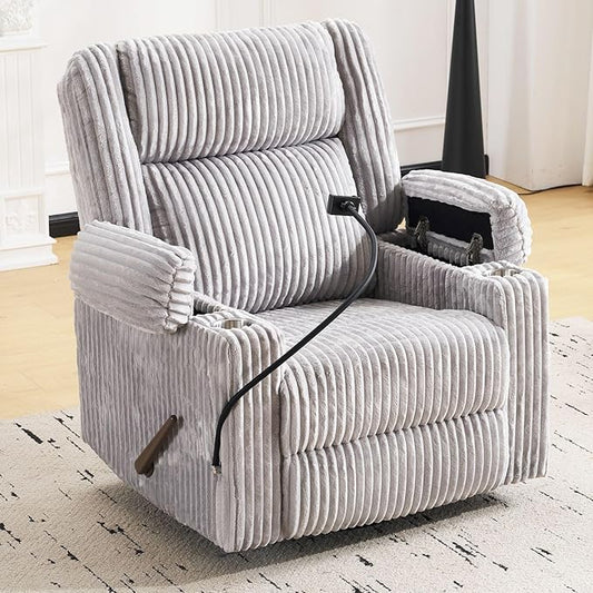 Oversized Manual Recliner Chair with Arm StorageSwivel Rocker Recliner Chair for Adults with Adjustable HeadrestNursery Glider Recliner with Phone Stand and Side Pockets for Living RoomLight Grey
