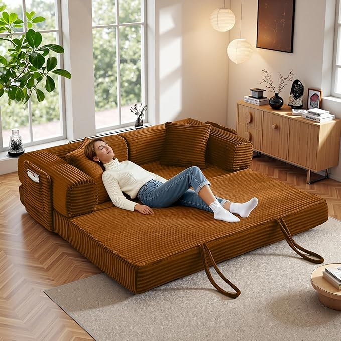 Boneless Couch Futon Sofa Bed Sectional Couches for Living RoomCloud Couch with Sleeper SofaSofas for Living Room Oversized Corduroy Upholstered (Orange 81 Inches (with Iron Frame))