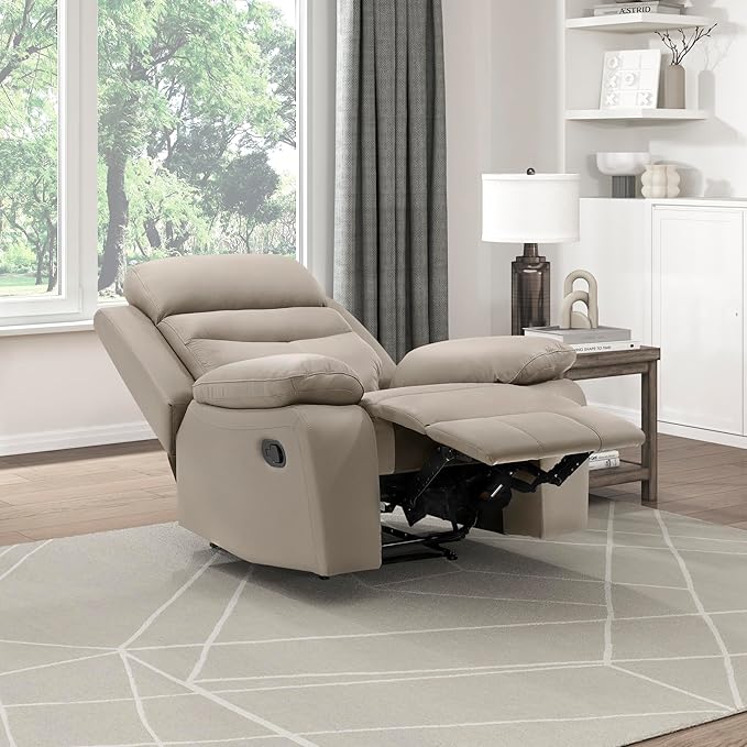Lexicon 41 W Manual Reclining Chair Top Grain Leather Match Recliner Home Theater Seating Wall Hugger Recliner Manual Reclining Sofa Chair for Living Room/Office/Apartment Latte