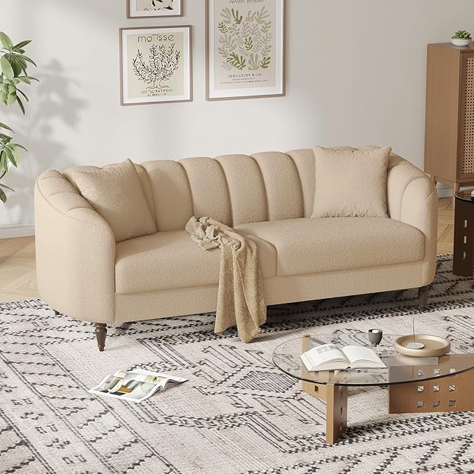 82 Inch Loveseat Sofa Modern Couch and Sofa Curved Petal Design Furniture Sturdy and Easy Installation Small Sofa for Living Room Bedroom Office and Apartment Terry Fleece Fabric Apricot