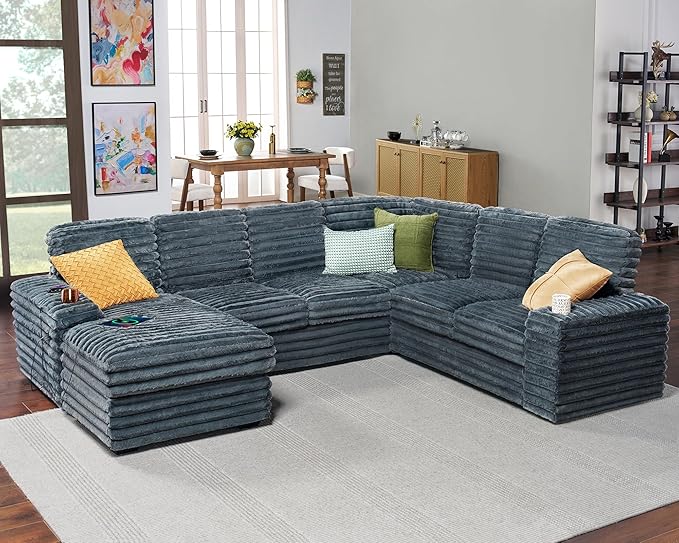 PaPaJet U Shaped Couch 112 Inch Oversized Couch with Storage Sectional Sofa with Cup Holders &amp 2 USB Ports Faux Fur Dark Grey Sofa