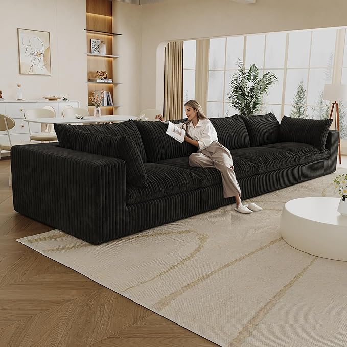 157.6 Modular Sectional Sofa Cloud Couch Modern Fluffy Boneless Couch Deep Seat Upholstered Sofa for Living Room Furniture Bedroom and Apartment (Black 4-Seater) | Plush Corduroy