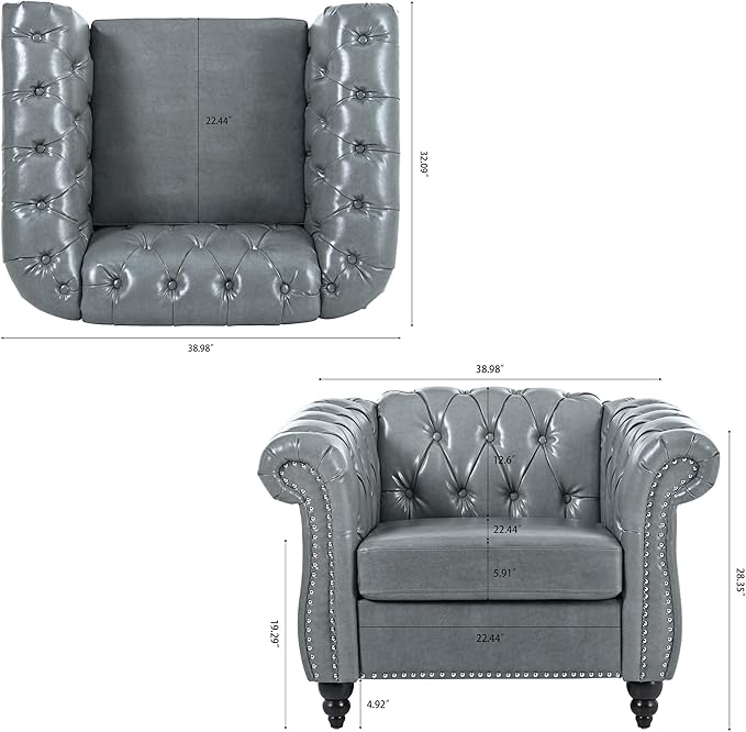 Leather Chair Living Room Single Sofa Medieval Retro Tufted Cushion Accent Sofa Chair with Rolled Arms and Nailhead Cigar Chair for Bedroom Office Apartment Club Chairs (Grey)