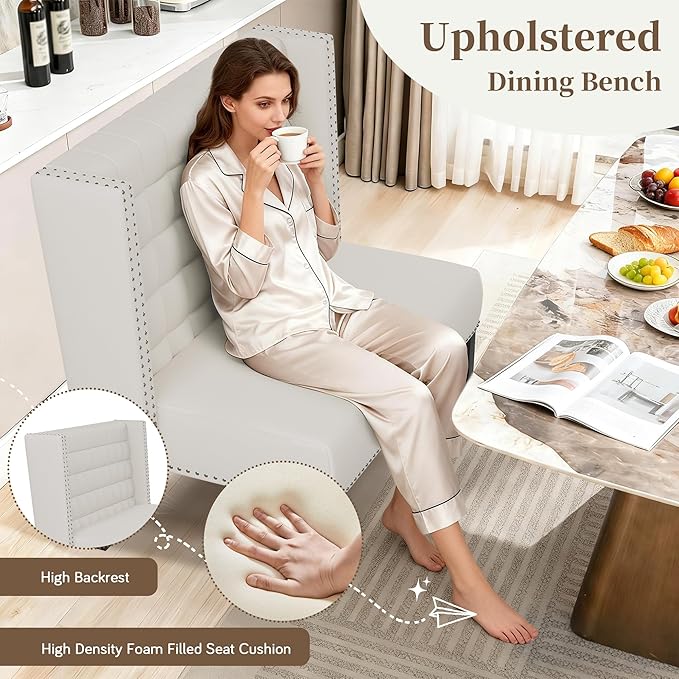 Yongqiang Modern Tufted Loveseat Settee White Faux Leather Upholstered Bench with Back for Kitchen Dining Room Living Room High Back Banquette Seating Sofa Couch with Wood Legs