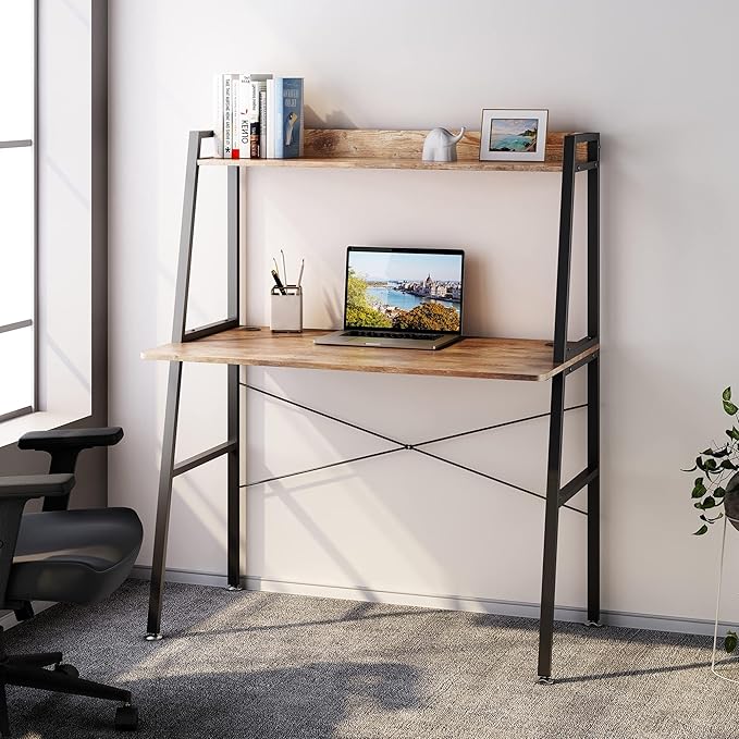 EUREKA ERGONOMIC Small Computer Ladder Desk with Storage Shelves 43 Inch 2-Tier Home Office Students Study Writing PC Gaming Table with Bookshelf Modern Workstation for Space Saving Rustic Brown