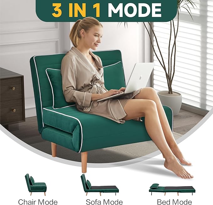 32 Convertible Sleeper Chair 3-in-1 Folding Sleeper Chair with Pillow 3-Position Adjustable Backrest for Living Room Bedroom Office Green
