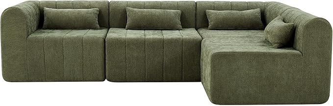 145.5 Inch Modular Full-Compressed Sectional SofaBeige Polyester Upholstered Modular Sofa with 4 PiecesCompressed Sponge Modular Couch for Living Room (Green#81)