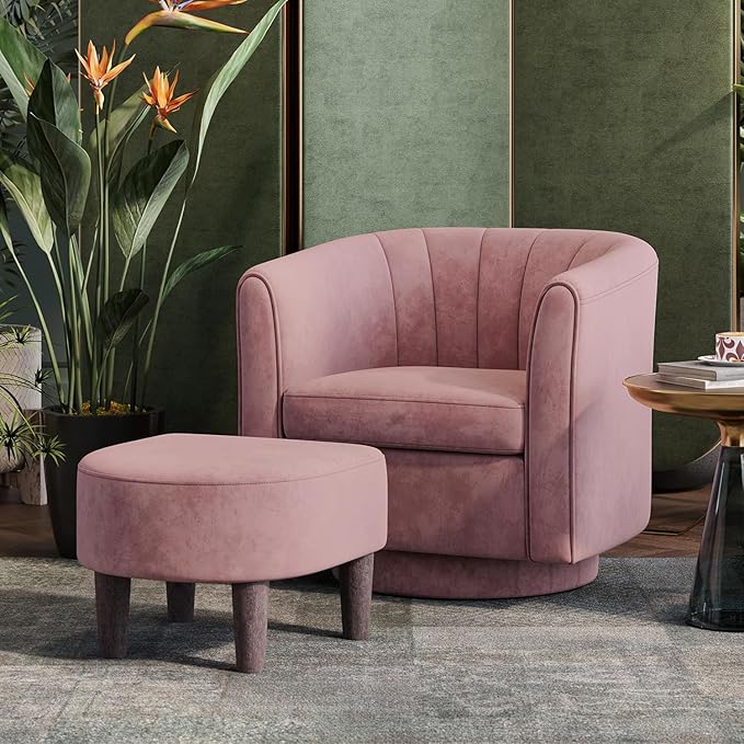 LINSY Swivel Accent Chair Ottoman Set: Velvet Small Barrel Chair with Foot Rest Modern Reading Chair Upholstered Armchair with Footrest for Living Room Bedroom Study Room Office (Pink)