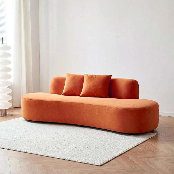 90 Curved Sofa with Throw Pillows 4 Seater Luxury Velvet Couch with Half Moon Design and High-Density Foam Ideal for Modern Living Room Office &amp Apartment Red Orange