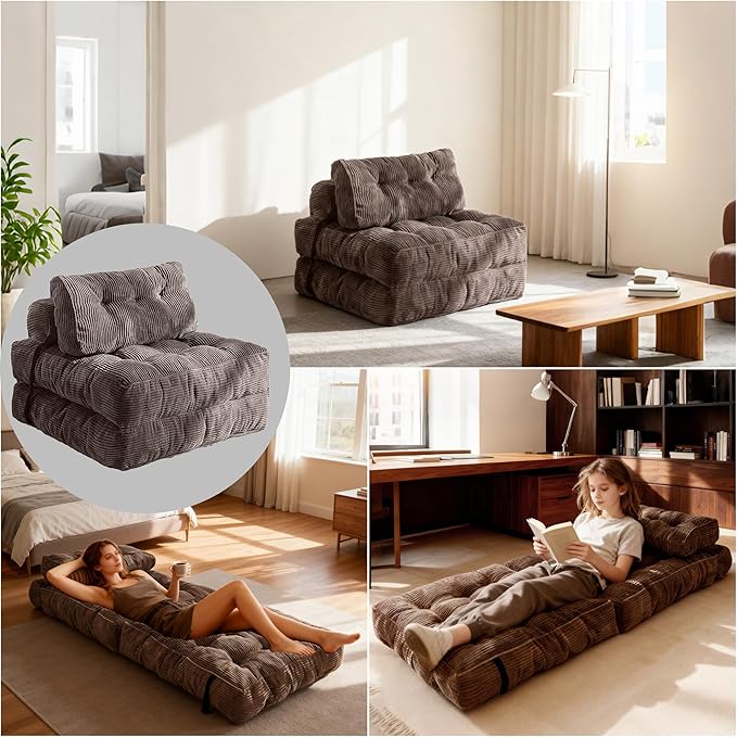 Folding Sofa Bed Convertible Floor Sofa Chair Bed with Pillow Comfy Corduroy Sleeper Lounge with Back Support Portable Fold Out Mattress for Living Room Bedroom Dorm(Coffee)