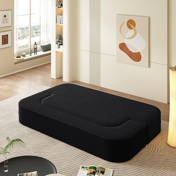 78.7 Floor Foam Sleeper Sofa Bed Folding Futon Couch Bed Corduroy Compression Loveseat Sofa Foldable Full Size Couch with 2 Pillows for Living Room Bedroom Apartment Black