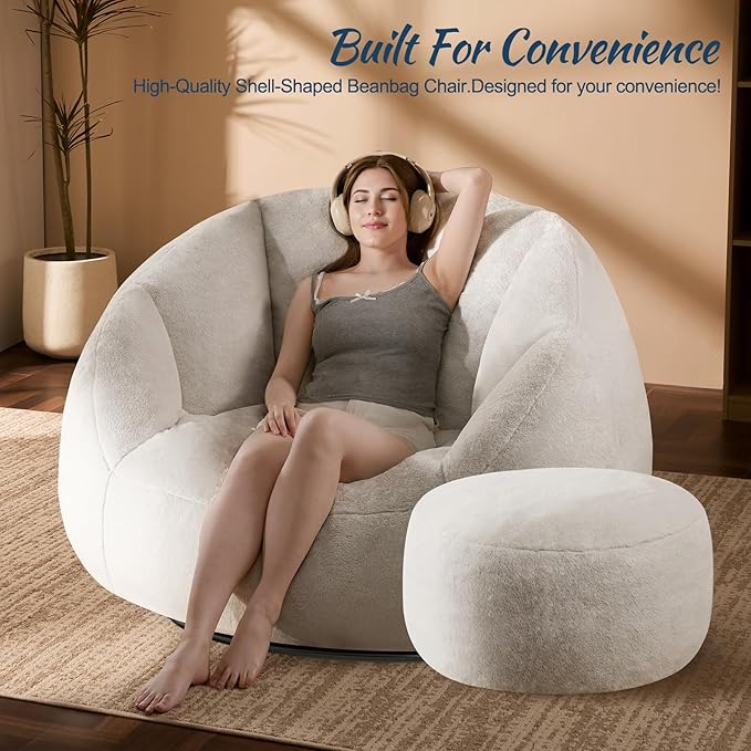 Oversized Fluffy Swivel Accent Chair with Ottoman 360 Degree Rotating Barrel Lounger Set Modern Cozy Reading Nook Chair with Footrest Plush Faux Fur Fabric &amp High-Density Memory Foam Beige