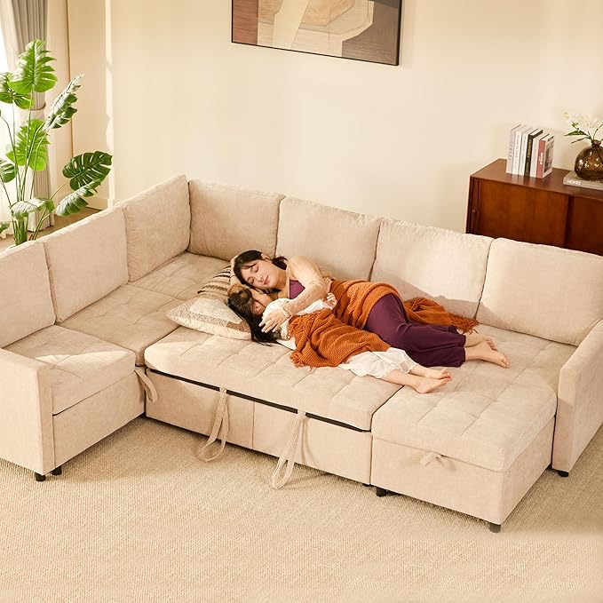 107 Sleeper Sofa Set of Modular Pieces with Pull Out Bed U Shaped Sectional Couch with Storage Extra Wide&ampDeep Seat Couches for Living Room Removable Sofa Cover Chenille-Flat White