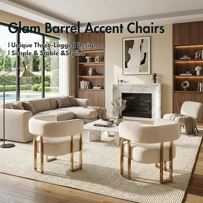 Cream Velvet Barrel Chair Gold Leg Accent Chair for Bedroom Upholstered Accent Seat for Living Room Bedroom Dressing Vanity Area