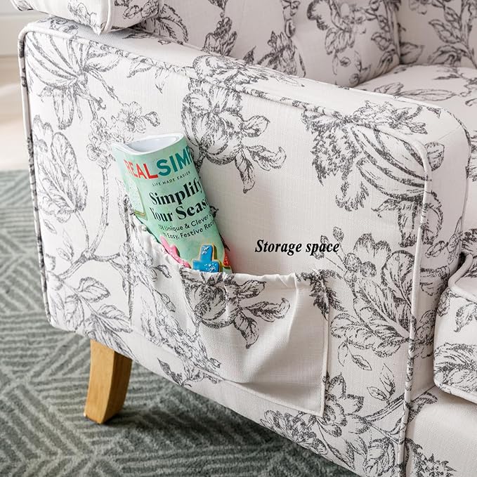 DUOMAY Tufted Accent Chair Modern Linen Upholstered Wingback Side Arm Chair for Living Room Bedroom with Wood Legs Comfy Reading Guest Chair for Office Beige Flower Pattern