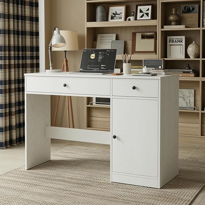 TUSY 47 White Office Desk with Drawers - Modern Office Desk with Storage Executive Desk for Office Modern Computer Desk for Small Spaces Wood Writer Desk for Study Bedroom Home Office