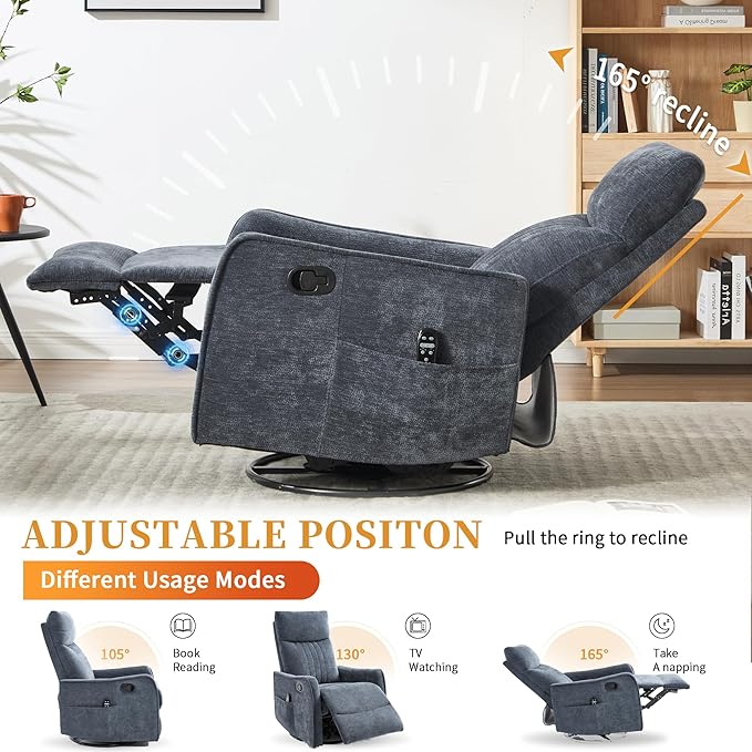 Small Swivel Rocker Recliner Chair for Nursery Heat &amp Massage Manual Upholstered 360° Fabric Glider Chair Small Recliners for Small Spaces Living Room (Blue)