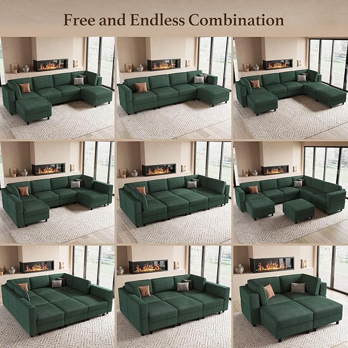 114.2 U-Shaped 6-Seater Convertible Sectional Sofa Corduroy Modular Sleeper with Deep Storage Seat &amp Movable Ottoman Green