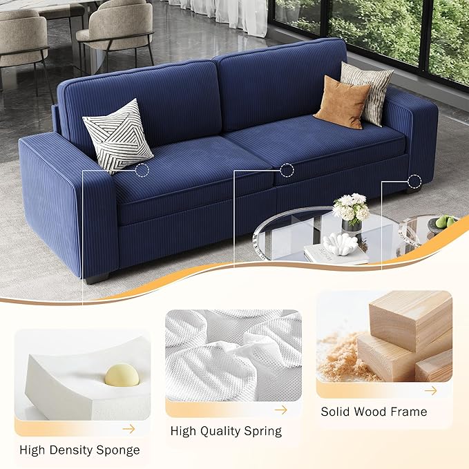 YOUDENOVA 86 3-Seater Sofa Corduroy Sofa Couch for Living Room Modern Lounge Couches with Extra Deep Seats Solid Wood Removable Cover Wide Armrest Easy Assembly Blue