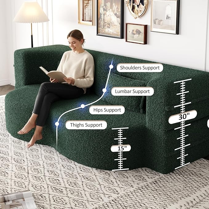 Convertible Folding Foam Sofa Bed15 Full Size Floor Sleeper Couch Futon Loveseat Sofa for Living Room Bedroom No Assembly Required (Green)