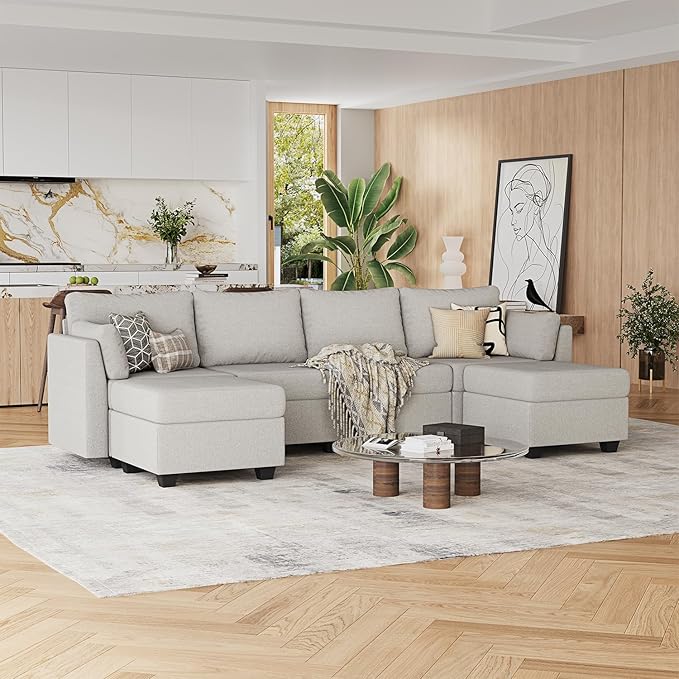 114.17 Modular Sectional Sofa 6 Seat Sectional Couches with Storage Memory Foam Convertible Modular Couch for Living Room U Shaped Comfy Modular Sofa with Chaise Light Grey