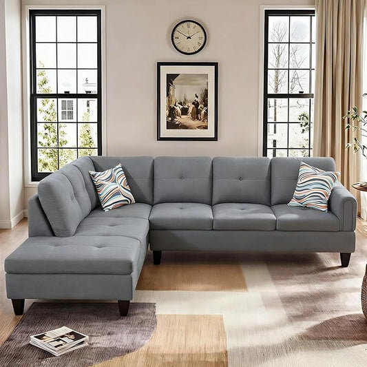 L Shaped Couch Sectional Couches with Chaise Fluffy Fabric 3 Pieces Modular Convertible Sofa for Living Room Furniture Sets and Small Apartment Dark Gre
